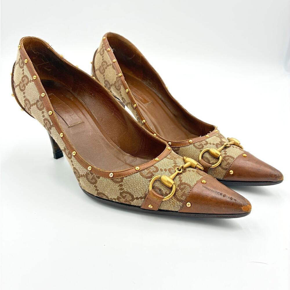 5.5 Gucci GG Canvas Horsebit Studded Pumps Brown Leather Trim